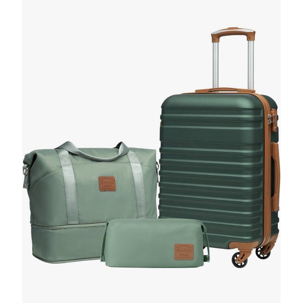 Coolife 3 Piece Luggage Set Carry On Suitcase Duffle Toiletry Bag Dark Green